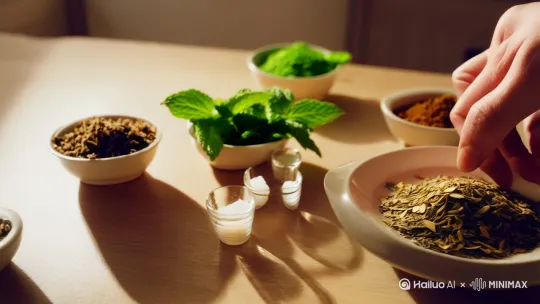 偏方2 薄荷姜汁茶
【配方】细茶叶6克，薄荷叶3克，生姜汁半
匙，白糖半匙。
【用法】先用开水大半碗，泡薄荷叶、茶
叶，再放入姜汁、白糖和匀。每日
1~2次，连服3日。
【功效】本方有辛温解表之功效，主治风寒感冒。 by Hailuo AI Video Generator