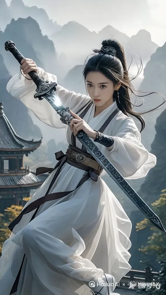 图片中的女子施展御剑飞行，将手中的宝剑丢向天空，念动御剑口诀，宝剑极速飞到女子脚下，带着女子向着远方御剑飞去，镜头跟随，动态移动 by Hailuo AI Video Generator