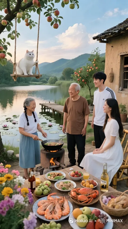 [推出,上升,下摇]儿子第一次带着对象回家见父母，淘气的猫咪还是那么抢眼[推出,上升,下摇] by Hailuo AI Video Generator