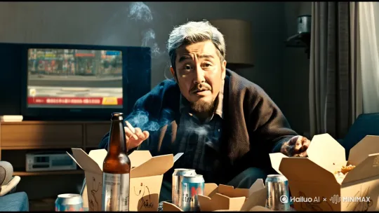 环境:堆满外卖盒的茶几/歪倒的啤酒罐/烟灰缸溢出,四川男子坐在少发上,电视机播报着新闻,他左手夹烟右手握酒瓶
手上烟的特写镜头,烟慢慢的飘着
四川男子嘴巴自豪的说道:饭后一支烟,快乐似神仙,脸部表情夸张丰富
突然男子脸部放大特写,左右脸不对称,脸部歪斜,肢体无力,倒在地板下。 by Hailuo AI Video Generator