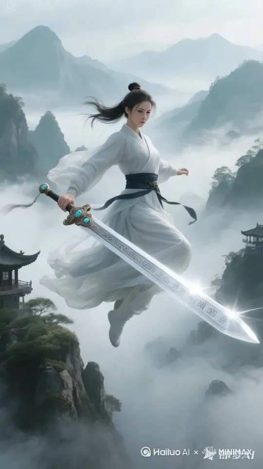 图片中的女子施展御剑飞行，将手中的宝剑丢向天空，念动御剑口诀，宝剑极速飞到女子脚下，带着女子向着远方御剑飞去，镜头跟随，动态移动 by Hailuo AI Video Generator