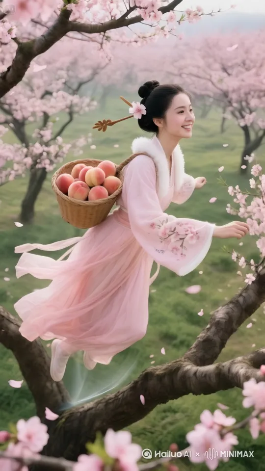 快速高空跟踪镜头移动，无人机视角。图片中的美女背着一筐桃子的姿势向前飞行，轻松的在桃花林上空踏空飞行。她背着一筐桃子，双脚像中国轻功一样在空中飞行，双脚向前疾奔，仿佛在空中踏出一条路，捕捉平行飞行的感觉。衣服和头发随风摇摆，相机从略高位置的俯视角度紧密跟踪，从左后方向，右后方向移动。随着角色穿越场景。环境是动态的，快速变化，不断往后掠过的是桃花林里的自然景观。 by Hailuo AI Video Generator