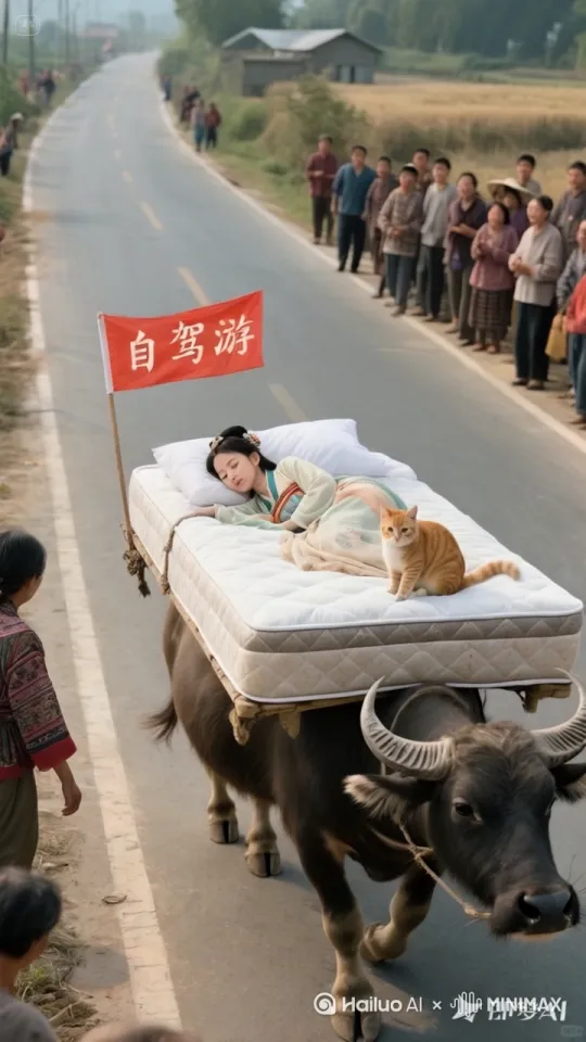 镜头移动，动态跟随，大牛突然加速狂奔，小姐姐和橘猫被吓的站立起来，周围路人纷纷鼓掌叫好 by Hailuo AI Video Generator