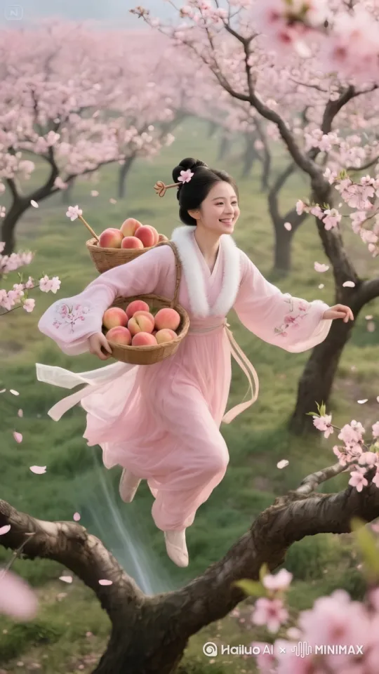 快速高空跟踪镜头移动，无人机视角。图片中的美女背着一筐桃子的姿势向前飞行，轻松的在桃花林上空踏空飞行。她背着一筐桃子，双脚像中国轻功一样在空中飞行，双脚向前疾奔，仿佛在空中踏出一条路，捕捉平行飞行的感觉。衣服和头发随风摇摆，相机从略高位置的俯视角度紧密跟踪，从左后方向，右后方向移动。随着角色穿越场景。环境是动态的，快速变化，不断往后掠过的是桃花林里的自然景观。 by Hailuo AI Video Generator