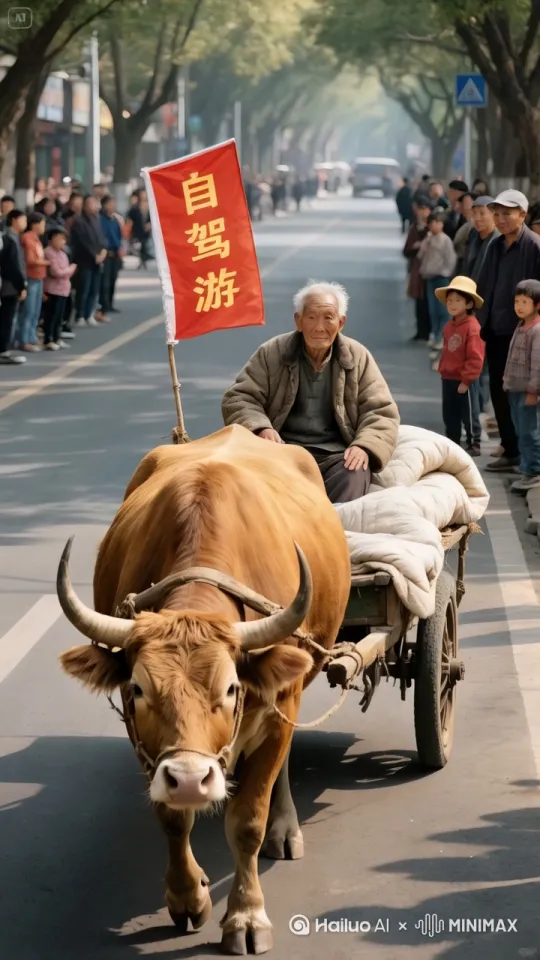 老黄牛拉着板车缓缓的走在马路上，老人在板车上来了一个中国式功夫的表演，还在板车上来了一个后空翻的高难度动作，引得围观群众连连喝彩，鼓掌。 by Hailuo AI Video Generator