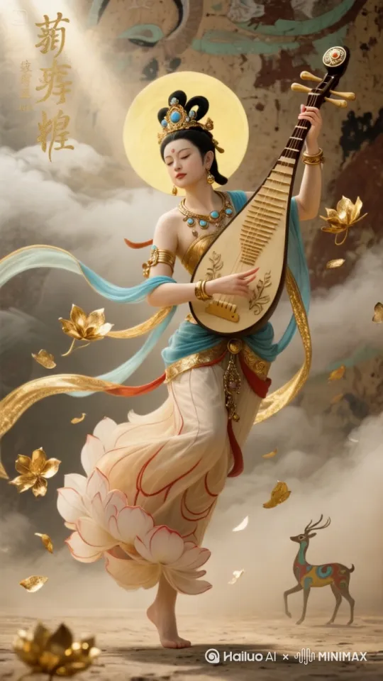 右手开始快速拨弦，手腕灵活转动，手指如灵动的小鸟在琴弦间跳跃。与此同时，身体随着节奏左右微微摆动，仿佛与琵琶的韵律融为一体。飘带随风舞动，环绕在她的身体周围，像是为她的弹奏伴舞 by Hailuo AI Video Generator