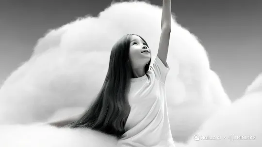 穿白色T恤的长发小姑娘坐在一朵白色云朵上伸个懒腰，然后萌萌地看着天空，云朵里面藏着一条龙，写实风格。背景单色。 by Hailuo AI Video Generator