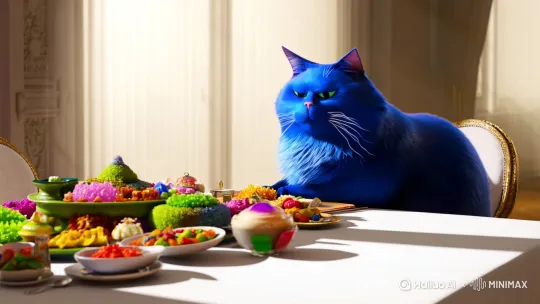 蓝色胖猫吃拼好饭 by Hailuo AI Video Generator