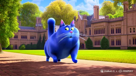 蓝胖子猫他走在环境优美的校园中边走边说周五周五周五周五周五周五，然后飞起来飞出了校园外 by Hailuo AI Video Generator