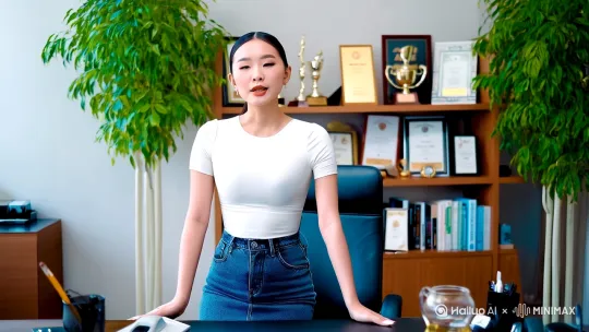 一个二十岁，身高170的年轻美女，中国人，瓜子脸，可爱，脸小，[左移,右摇,跟随]前凸后翘，身材极好，肤白貌美，网红脸，低马尾，上身穿白色T恤，下身穿紧身牛仔裤，在办公室的办公桌的前面讲话，双手自然下垂。办公室里有两盆绿植，背后有书架，书架上有各类证书和奖状、奖杯。 by Hailuo AI Video Generator