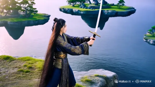 她是一位大罗金仙，在仙境中练剑。她在和灵兽比斗。 by Hailuo AI Video Generator