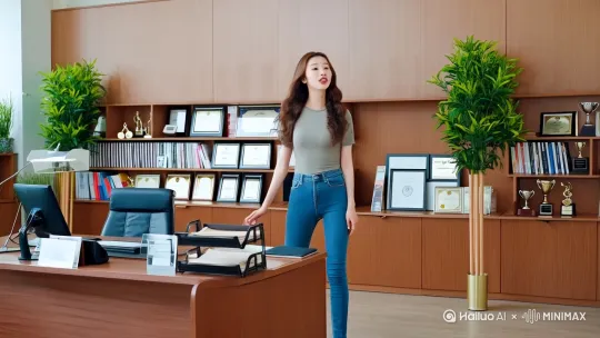 一个二十岁，身高170的年轻美女，中国人，瓜子脸，前凸后翘，身材极好，肤白貌美，大长腿，90斤左右，长发，上身穿T恤，下身穿紧身牛仔裤，在办公室的办公桌前讲话，双手自然下垂。办公室里有两盆绿植，背后有书架，书架上有各类证书和奖状、奖杯。[右移,左摇,跟随][推进,上升] by Hailuo AI Video Generator