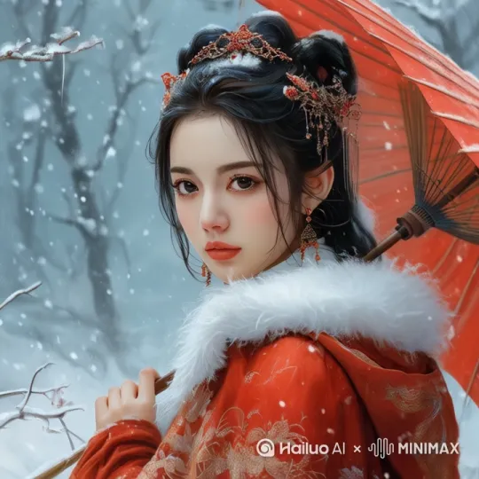 下雪，1美女冷漠的眼神，举起雨伞，转身离开， by Hailuo AI Video Generator