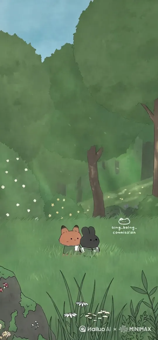 让图片中的小狐狸和小兔子动起来，奔跑，拥抱，要非常治愈 by Hailuo AI Video Generator