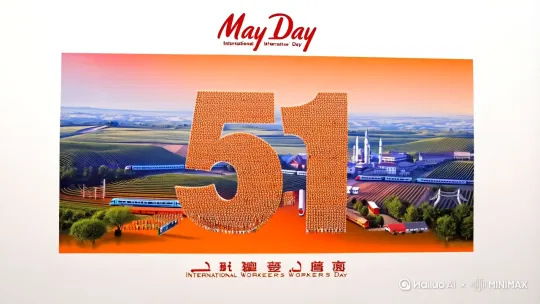 白色背景，数字创意海报，字体设计海报，顶部标题文字“五一国际劳动节”，极小的副标题“International Workers' Day”，有多种语言，阿拉伯语、日语、英语，以一种渐变的方式出现，数字写在设计的中间，画面中心是巨大的数字“51”由无数的劳动人民组成，梯田，高铁，火箭，长城，不同职业的人群组成数字，丰富的细节，电商风格，视觉冲击力，橙色，弥散渐变，大面积留白，获奖作品，大师作，极致像素，HDR，32K by Hailuo AI Video Generator