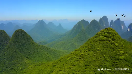 `请用两岸猿声啼不住，轻舟已过万重山做一段视频[左移,右摇,跟随]无人机高空拍摄镜头，高清电影质感。[推进,上升] by Hailuo AI Video Generator