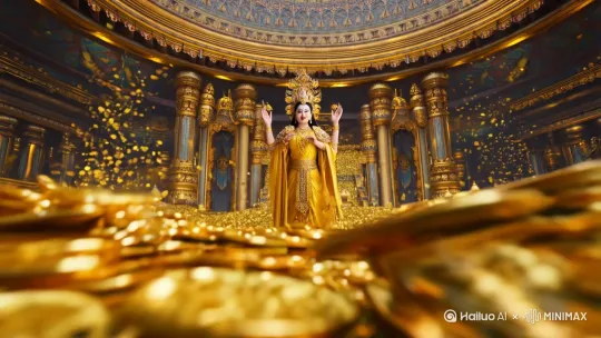 [推进,上升]生成一个在一个财神殿里，财神爷手里不停的往出扔大量金币和元宝，并说：“点赞+关注的有缘人都会接到财”的视频。[下降,上摇] by Hailuo AI Video Generator