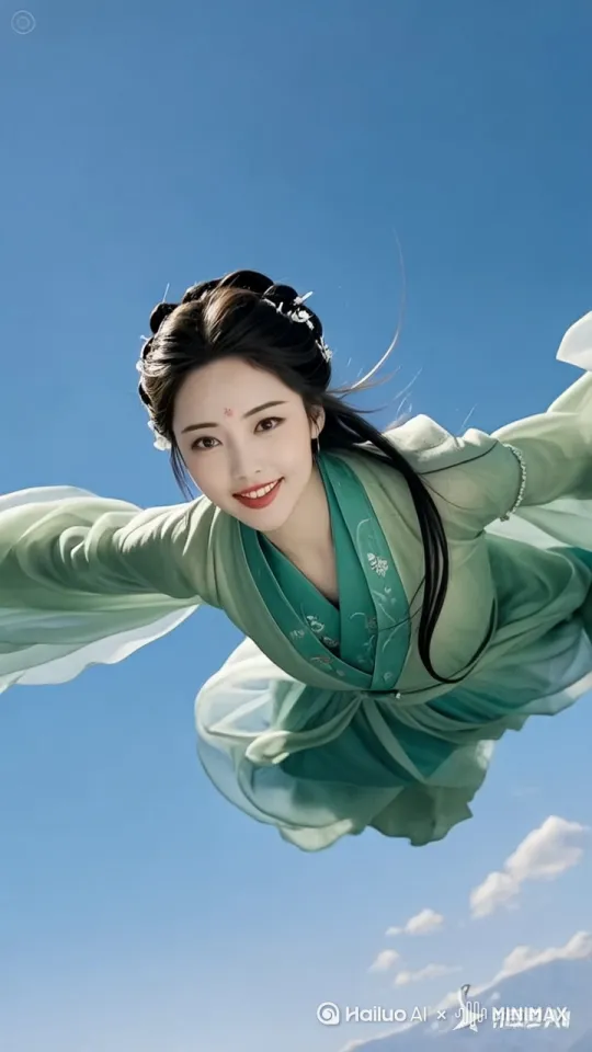 美女在天空飞翔 by Hailuo AI Video Generator