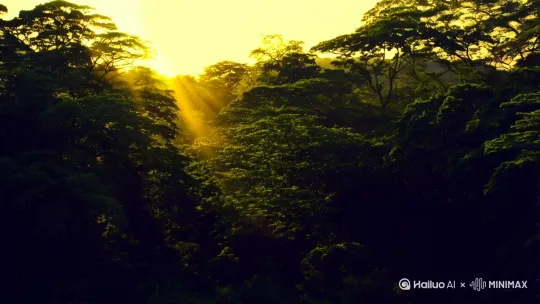 |中景|镜头拉近至一片树林，树梢开始渐渐染上曙光，金色的光线透过枝叶的缝隙洒下，形成一道道明亮的光线。|林梢渐染曙光熙。|6s|以树林的深绿为主，曙光呈金黄色，光线所及之处泛着暖光|微风拂过树叶的沙沙声，鸟儿开始活动的轻微动静声|树林中| by Hailuo AI Video Generator