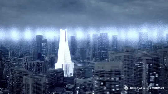 航拍，镜头左摇由远推近。宏大场景，金融城市全景渐次聚焦，光怪陆离的环境散发粒子气息，只有一座纯白金属质感建筑逐渐浮现，显得格外突兀。效果:现实主义，电影画面，尽量贴近真实场景、科幻主题。[左移,右摇,跟随] by Hailuo AI Video Generator