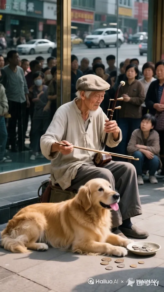 老人拉着二胡动作流畅．金毛犬叼起盘子向围看的人们转一圈，人们纷纷投硬币， by Hailuo AI Video Generator