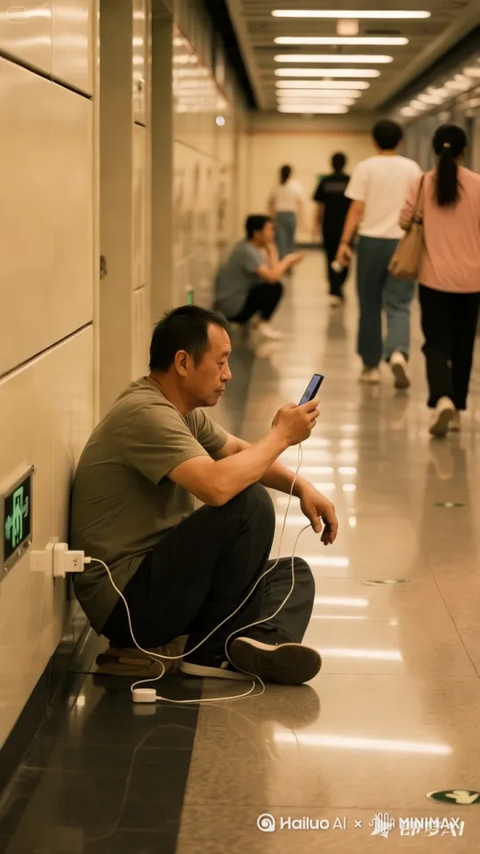 走廊里人来人往，行色匆匆。大叔旁若无人的在走廊里一边给手机充电，一边玩手机。 by Hailuo AI Video Generator