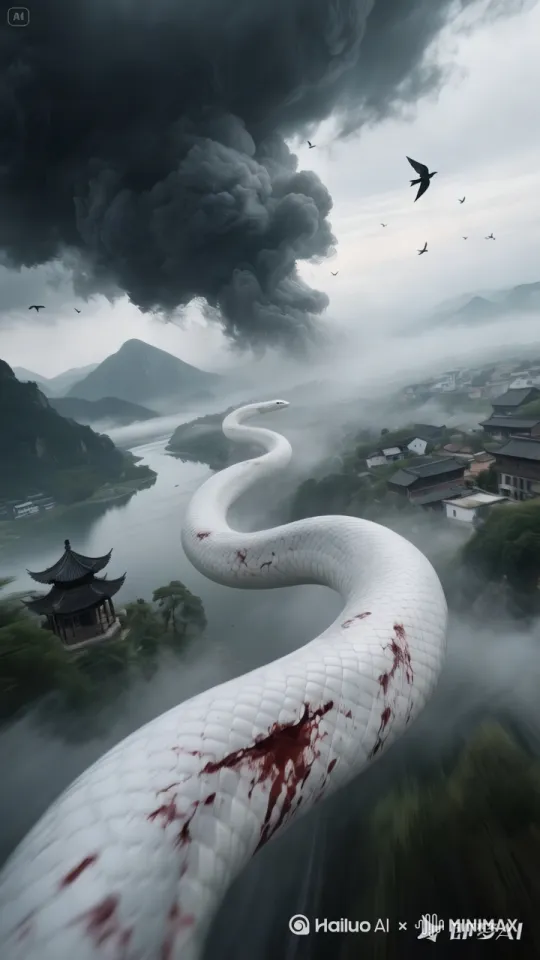 第一人称视角下快速飞行，滚滚乌云黑雾迎面吹来，伤痕累累，渗着血迹的白色巨蟒在云雾缭绕、乌云密布的高空飞行。镜头前尽显巨蟒在高空蜿蜒扭动身躯飞行画面，天空不断有飞鸟、乌云划过，远处有高山，河流，亭台，楼阁和城市乡村建筑，一直向前延续，蜿蜒曲折，摄像机跟随飞行速度，不断切换场景，强调速度感 by Hailuo AI Video Generator