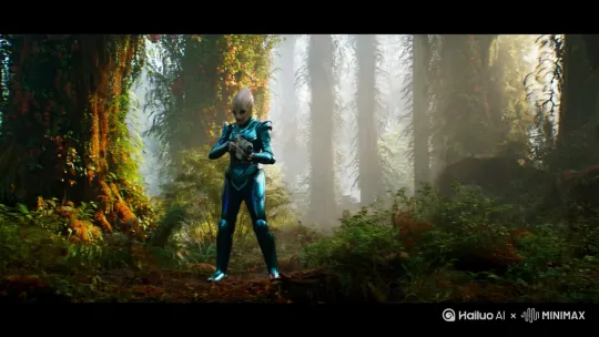 一名外星人战士，在树林子里面，拿着能量武器准备埋伏敌人 by Hailuo AI Video Generator