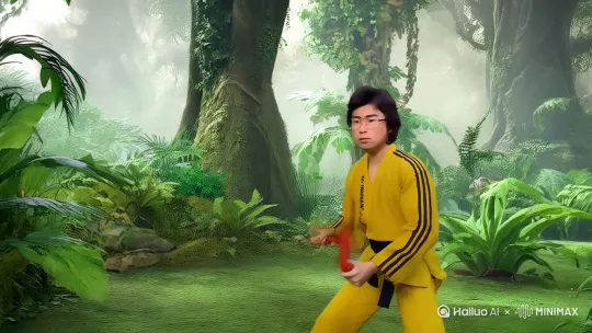 男子身穿李小龙在《死亡游戏》里的黄色服装，手拿双截棍，孤身一人潜入热带雨林，边走边左右摆头观察四周情况，显得十分谨慎。 by Hailuo AI Video Generator