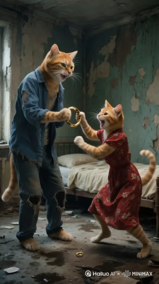根据图片参考，用Ai生成一个五秒短视频，胖橘猫用手拿金镯子和橘猫挣强镯子，胖橘猫快速的把另一只推倒在地，胖橘猫快速的向处奔跑，画面真实要清晰，固定镜头，不能呈现畸形 by Hailuo AI Video Generator