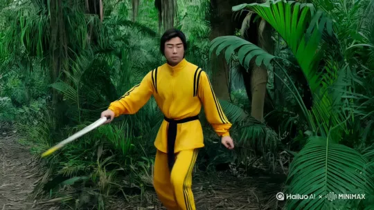 男子身穿李小龙在《死亡游戏》里的黄色服装，手持双截棍，在热带雨林中前行，边走，边左顾右盼。 by Hailuo AI Video Generator
