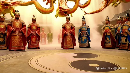 这张图片展示了一个富有中国传统风格的场景。主要元素包括：

1. **人物**：多名身穿古代官服的人物，他们的服饰华丽，色彩鲜艳，主要以金色、红色和蓝色为主。这些服饰通常与古代中国的宫廷或重要仪式相关。

2. **龙**：多条龙在空中盘旋，龙在中国文化中象征着权力、尊贵和吉祥，通常与皇帝或皇室相关。

3. **太极图案**：地面上有一个太极图案，太极是中国哲学中的重要概念，代表阴阳平衡与和谐。

4. **背景**：背景中有金色的光芒和云雾，营造出一种神秘和庄重的氛围。

综合这些元素，这个场景可能是在表现古代中国的一场重要仪式或典礼，如皇帝的登基仪式或朝廷的重大庆典。 by Hailuo AI Video Generator