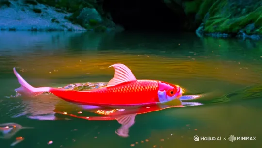 暮色浸染的溪涧泛着粼粼碎金，一尾朱红锦鲤摆尾搅碎满潭霞光。它弓起缀满银鳞的脊背，倏然破水而出，绸缎般的尾鳍划开暮色，朝着上游山口处幽邃的洞穴腾空跃起。山风卷着水花掠过它翕动的鳃盖，在即将触碰到洞壁青苔的刹那，又猛地扭转身躯，化作一道赤色流星没入暗流深处。[推进,上升][下降,上摇] by Hailuo AI Video Generator