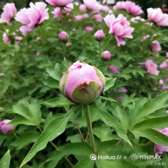 让图片中牡丹花苞慢慢的开放。让镜头从下向上对准花苞，这时花苞一层一层的慢慢开放，让开放的牡丹花呈鲜红色。 by Hailuo AI Video Generator
