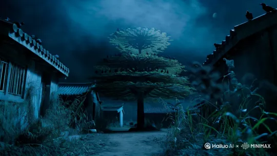 寂静的夜晚，只有风吹的啸声！（加入音乐）四处是破败不堪的破房，墙上到处爬满荒植，四处杂草丛生，一陈风吹来，杂草不停摇摆。前方一棵百年老槐树，树上停满乌鸦！乌鸦寂静无声，似在注视着我这个突然闯入它们领地的不明之人！而我在破败的荒村孤独而缓慢得行走，不时左右观察，似乎在防备突然到来的危险！ by Hailuo AI Video Generator