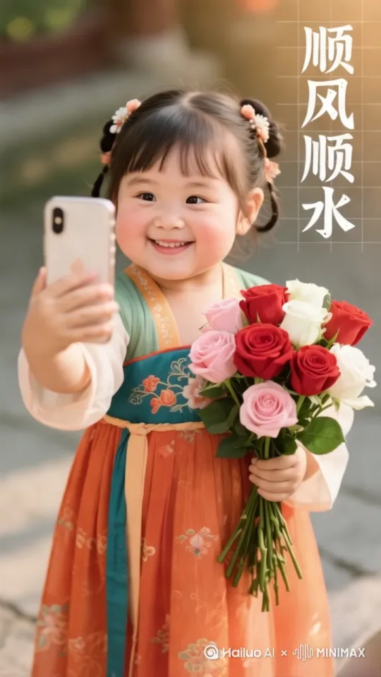 小女孩微笑说:顺丰顺水，伸手把花束递出
再把手机屏幕面向你，让你留言 by Hailuo AI Video Generator