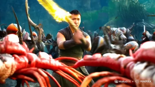 镜头4：全景
画面：虾兵蟹将一拥而上，挥舞着武器冲向哪吒。
音效：兵器碰撞声、喊杀声。
描述：虾兵蟹将们从四面八方围攻我。我拿着火尖枪大杀四方 by Hailuo AI Video Generator