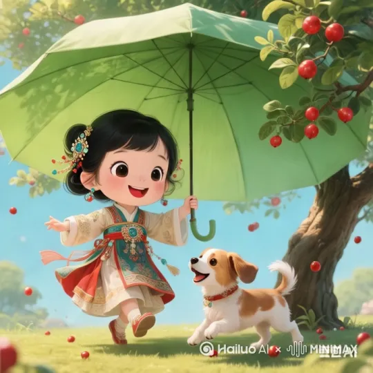 美丽的小姐姐在红豆树下打着伞跟小狗快乐的玩耍 by Hailuo AI Video Generator
