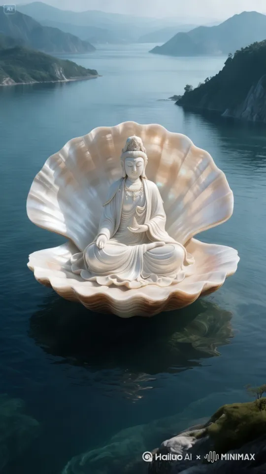 这尊 3D 效果呈现的蛤蜊观音像，造型精妙绝伦。观音大士身姿曼妙，优雅地藏身于巨大且纹理逼真的蛤蜊壳之中，蛤蜊外壳的每一处褶皱、每一点光泽都细腻入微，仿佛能触摸到真实的质感。观音面容祥和，双目轻垂，嘴角似有似无地挂着一抹悲悯的笑意，眼神中透着宁静与慈爱。微微颔首间，尽显隐现自在之态。观音周身散发着柔和圣洁的光芒，与蛤蜊壳的冷色调形成鲜明对比，更添神秘庄严之感。传说中渔民曾从蛤蜊中得见观音圣像后便停止杀生，此景也仿佛在无声地传递着护生、与自然和谐共处的生态寓意，给观者带来心灵的震撼与启迪。 by Hailuo AI Video Generator