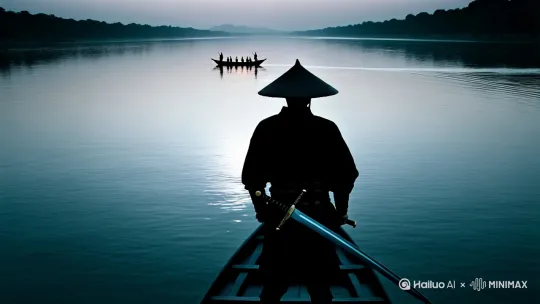 月下孤舟剪影划过江心，斗笠侠客背对镜头，腰间长剑泛冷光。 by Hailuo AI Video Generator