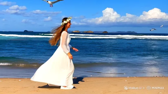 一个长发飘飘穿着白色长裙戴着花环的女子在碧波荡漾海鸥飞翔的海滩奔跑蓝天白云，远处有礁石，小朋友提着小桶捡贝壳 by Hailuo AI Video Generator