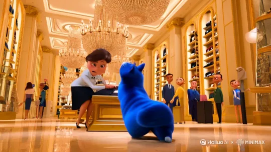 蓝色胖猫在奢侈品店被柜姐殴打要一个长达20秒的视频 by Hailuo AI Video Generator