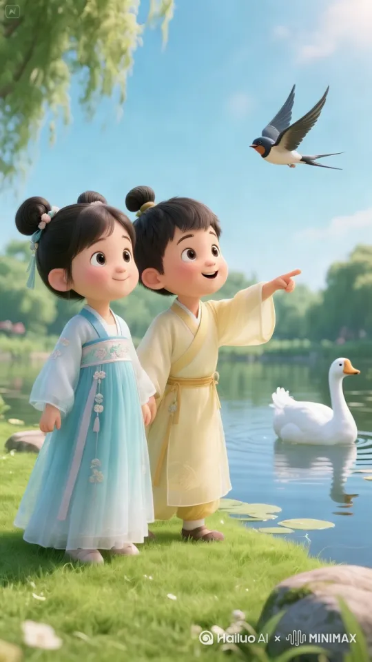 两个孩子指鹅，小燕子飞，孩子转头看燕，笑。画面丝滑，动作流畅，表情自然。 by Hailuo AI Video Generator