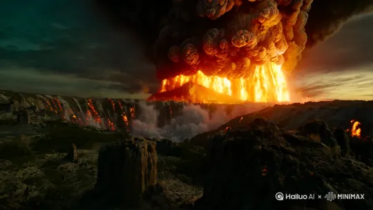 火山爆发，一只怪兽从火山口飞出到镜前[晃动,上升] by Hailuo AI Video Generator