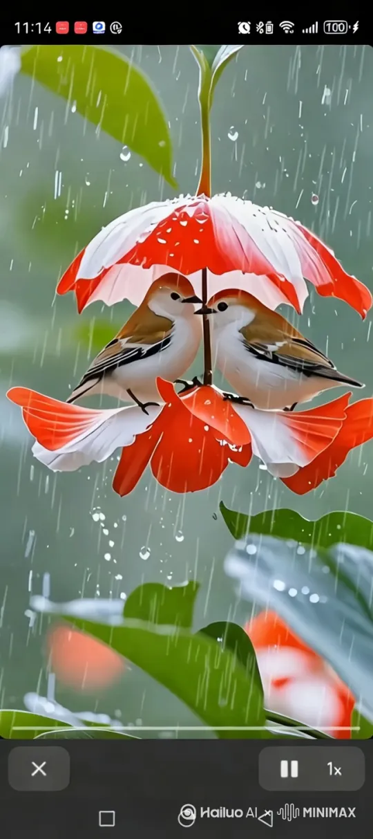 镜头慢慢拉近，小鸟相互依贴，雨越下越大[推进,上升] by Hailuo AI Video Generator