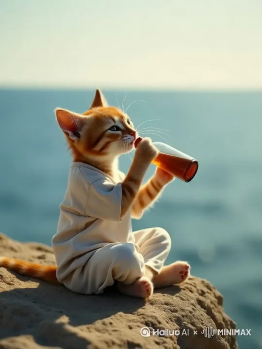 一只布偶猫坐在海边的石头上，微风轻轻吹动身上的毛发，脸上的毛发在风中轻轻不停地飘拂着，身上的衣服也在风中吹动轻微有动感，头轻轻转过右边一点点，略微睁开眼睛一条缝瞄一眼，右手轻轻抓起酒瓶放嘴边用力喝了一只并吞下，有吞咽动作和腹部衣服有动感，再放下瓶子，然后恢复初前动作，再任风吹动毛发。 by Hailuo AI Video Generator