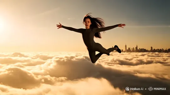 广阔的天空场景，年轻女性张开双臂动态飞翔，长发随风飘动，身体前倾呈飞行姿态，穿梭在蓬松云层和金色阳光之间，超现实光影风格，自由梦幻的氛围，8K分辨率，高动态范围，广角镜头展示云海和城市天际线细节，慢动作捕捉发丝浮动，流畅的环绕运镜增强沉浸感，阳光穿透云层形成光束特效，发丝泛着柔和的金色光芒 by Hailuo AI Video Generator