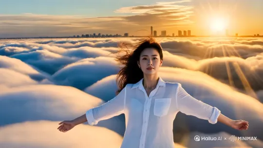 广阔的天空场景，年轻女性张开双臂动态飞翔，长发随风飘动，身体前平行飞行姿态，穿梭在蓬松云层和金色阳光之间，超现实光影风格，自由梦幻的氛围，8K分辨率，高动态范围，广角镜头展示云海和城市天际线细节，慢动作捕捉发丝浮动，流畅的环绕运镜增强沉浸感，阳光穿透云层形成光束特效，发丝泛着柔和的金色光芒 by Hailuo AI Video Generator