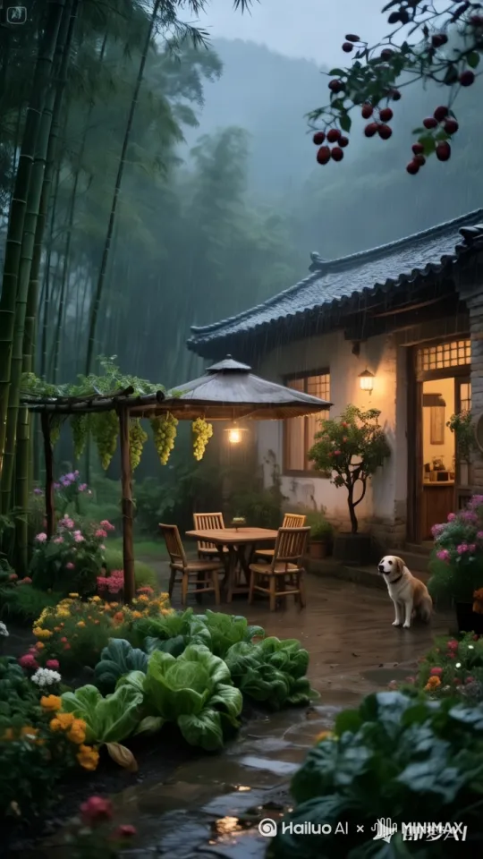 四周环绕，树随风飘动，狗在那里吠，房屋里出来一个人，去掉视频中的字 by Hailuo AI Video Generator