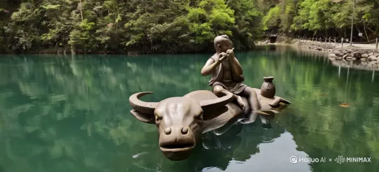 1将图片中的雕像牛和坐在牛背上的雕像人物，在水中向右慢慢游动，背景都不动 by Hailuo AI Video Generator